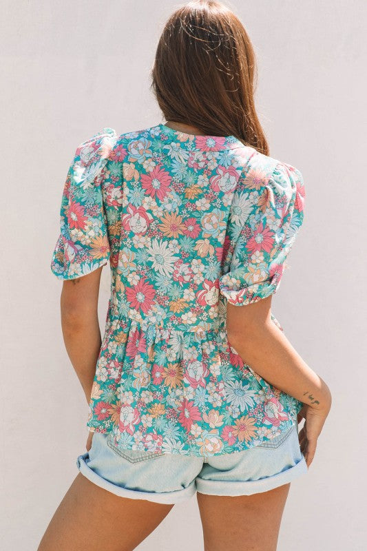 Amaris Notched Neck Puff Short Sleeve Floral Blous