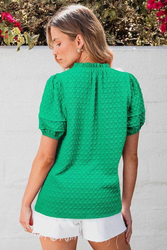 Kalani Textured Puff Short Sleeve Notched V Neck T