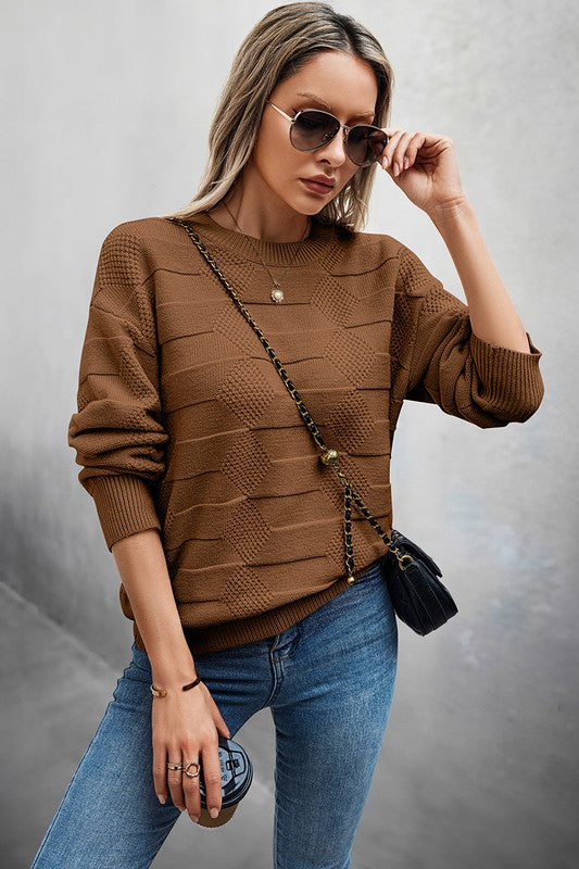 Solid Round Neck Knit Loose Long Sleeves Sweater