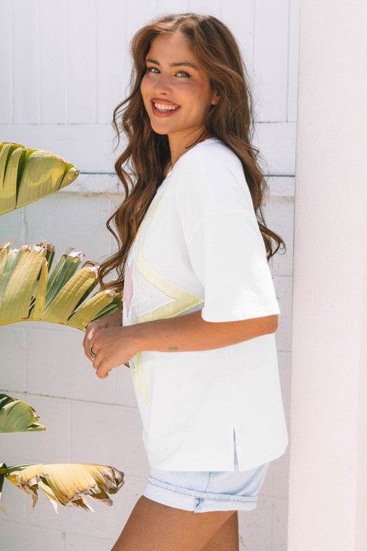 Lisa Layered Star Patched Half Sleeve Loose Top