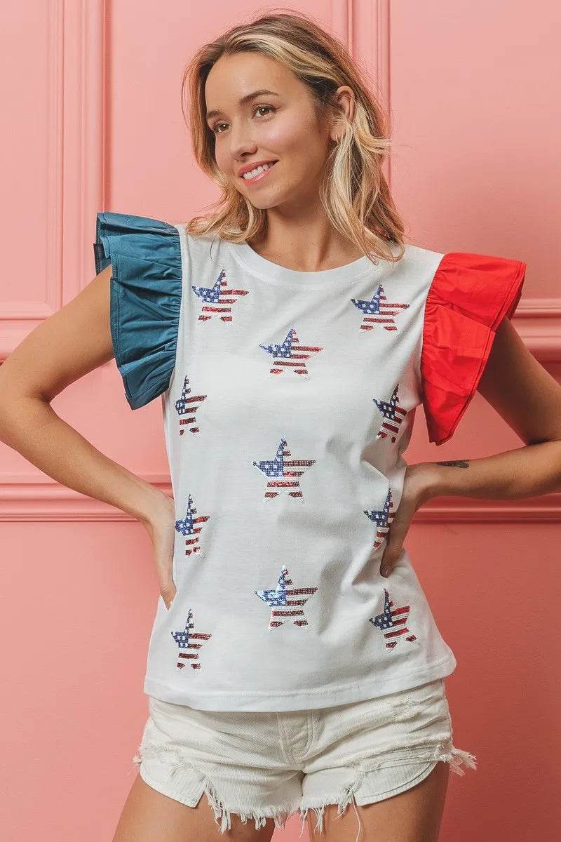 BiBi American Flag Sequin Stars Top