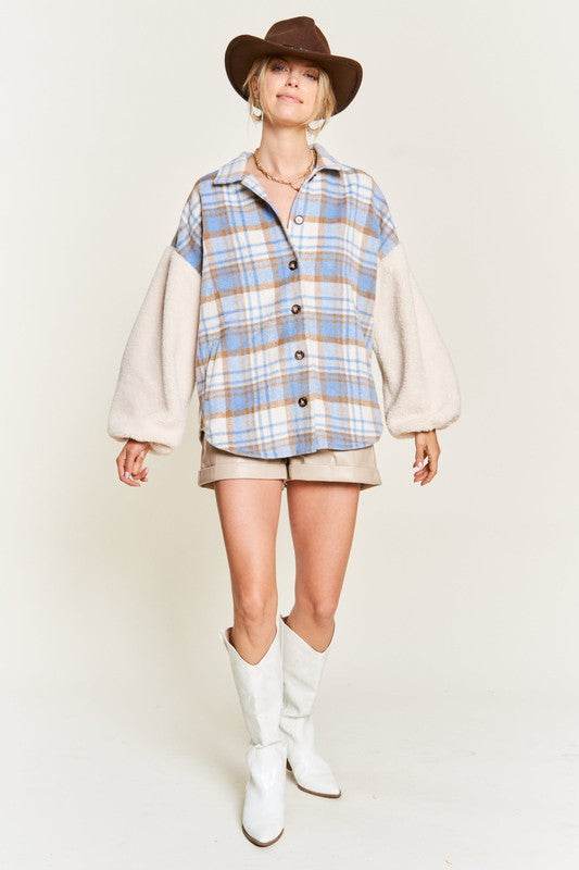 Multi plaid fuzzy sleeve jacket JJO1023