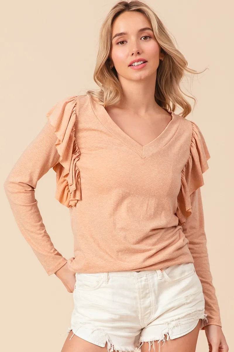 BiBi Triblend V Neck Top with Shoulder Shrring Detail