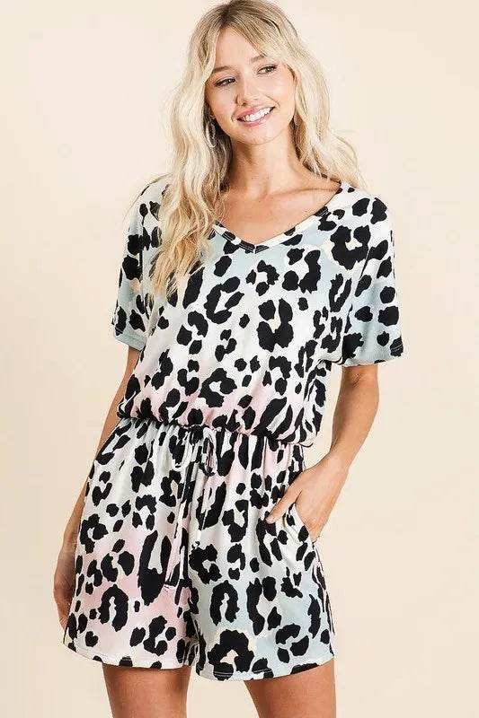 BiBi Gradation Leopard Soft Knit V-neck Romper