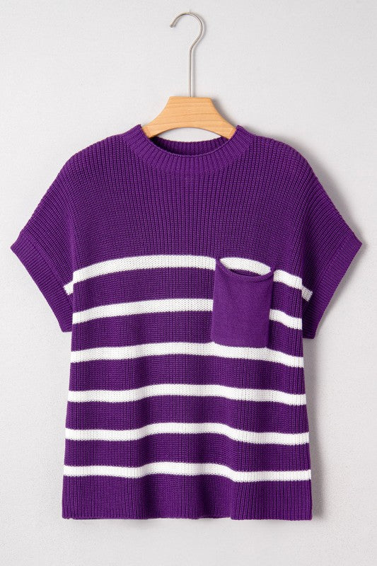 Stripe Patch Pocket Short Sleeve Knit Sweater