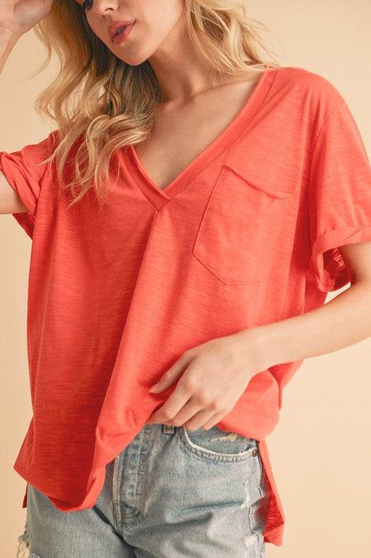 Aemi + Co Side Slit V-Neck Short Rolled Sleeve T-Shirt