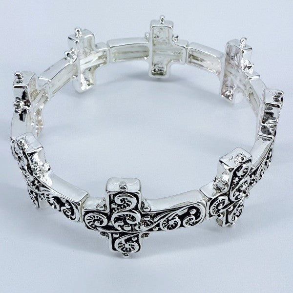 Silver Finish Filigree Design Cross Bracelet
