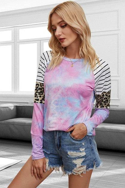 Crew Neck Patchwork Tie Dye Fit Loose Shirt