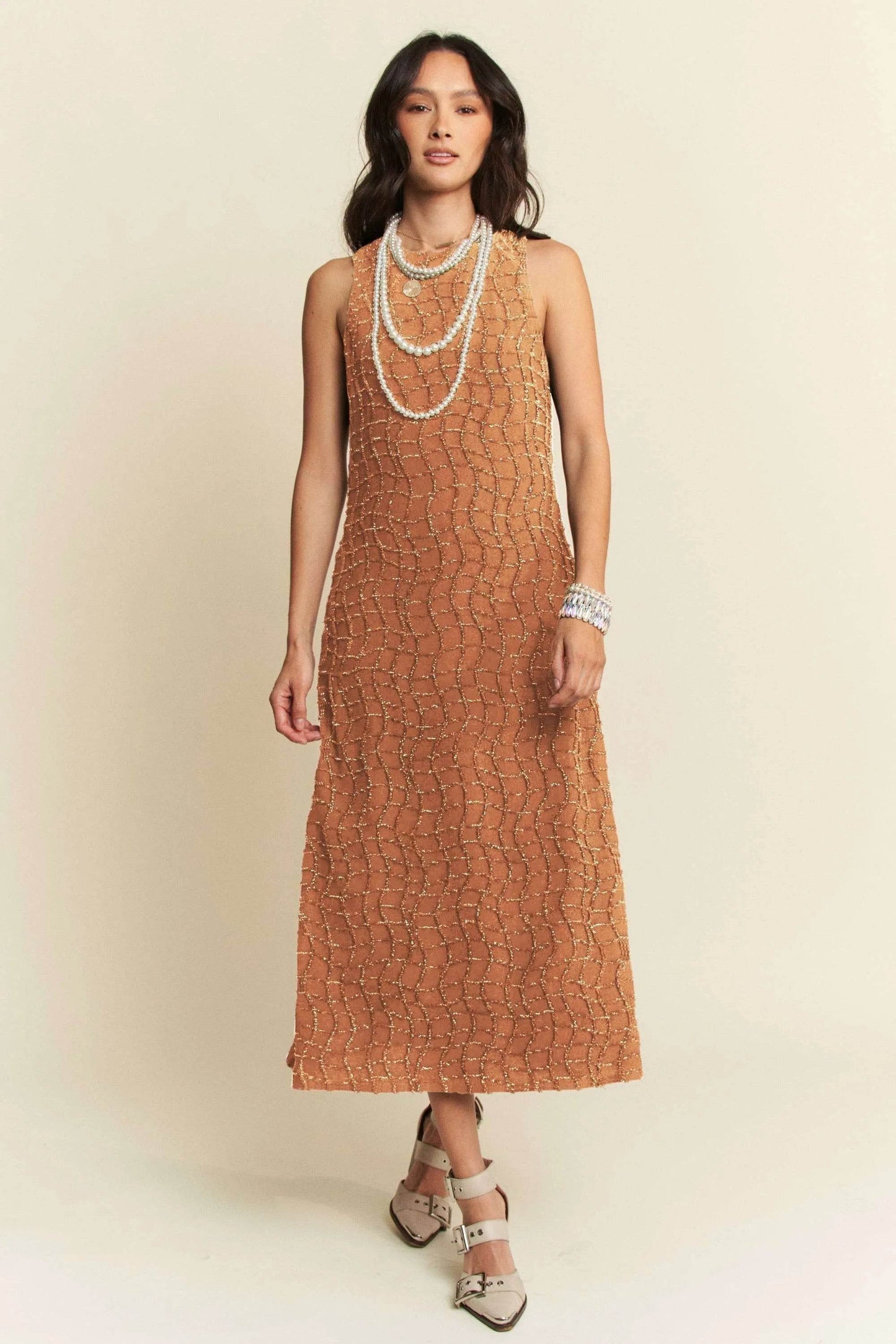 Davi & Dani Golden Textured Zippered Midi Dress