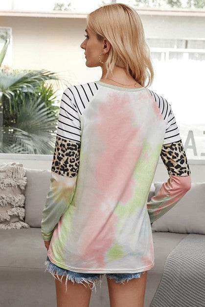 Crew Neck Patchwork Tie Dye Fit Loose Shirt
