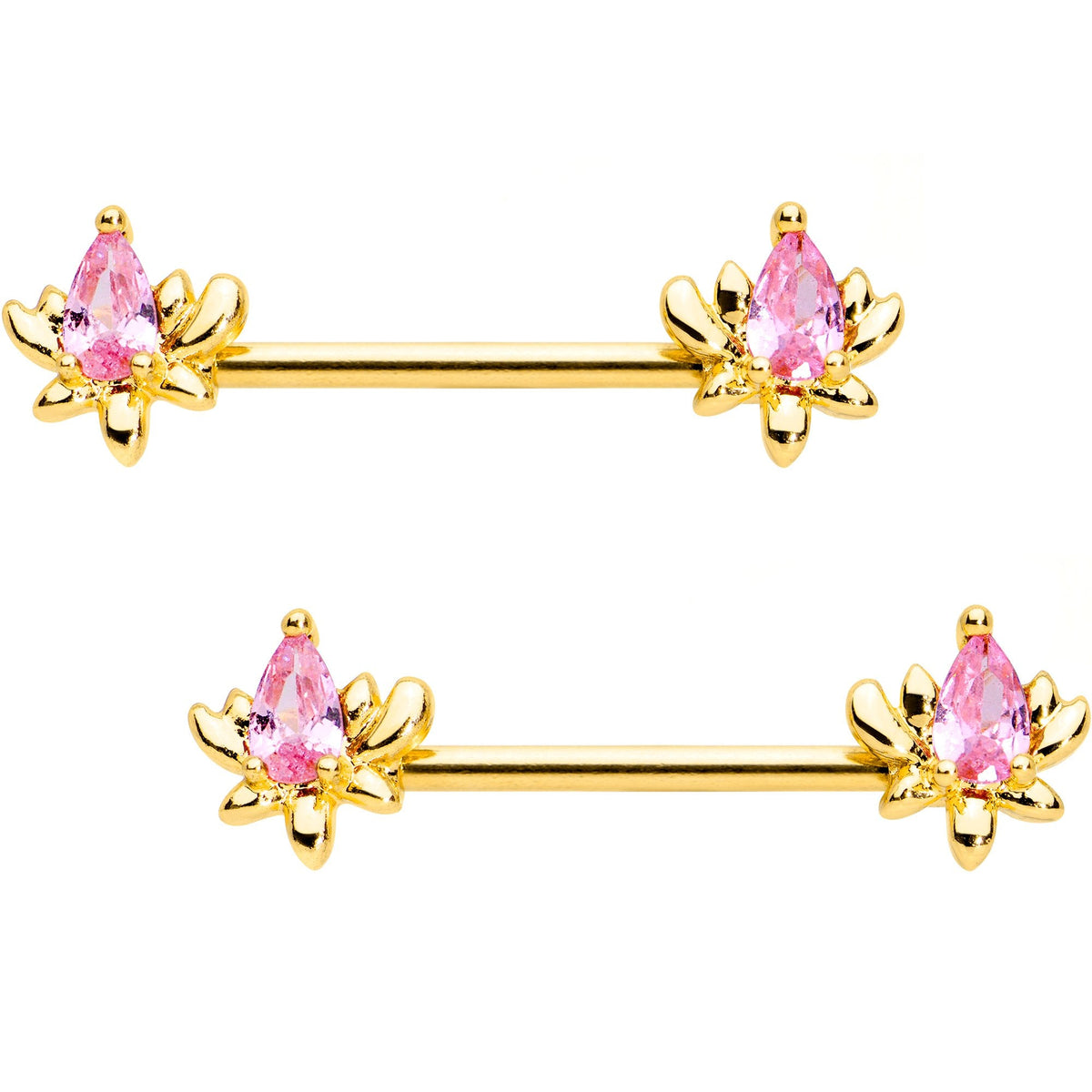 Pink Gem Gold Tone Anodized Fiery Flame Barbell Nipple Ring Set