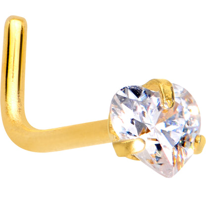 20G 1/4 Clear Heart 3mm CZ Gem Gold IP L-Shape Nose Ring