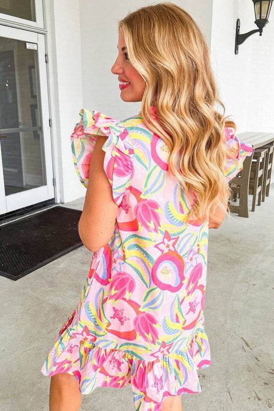 Floral Ruffle Trim Flutter Sleeve Buttoned Dress