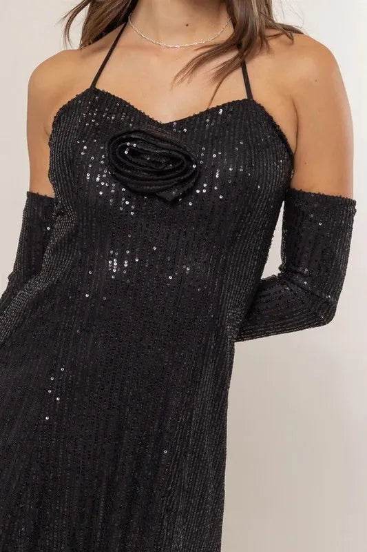 HYFVE Sequin Rosette Halter Mini Dress