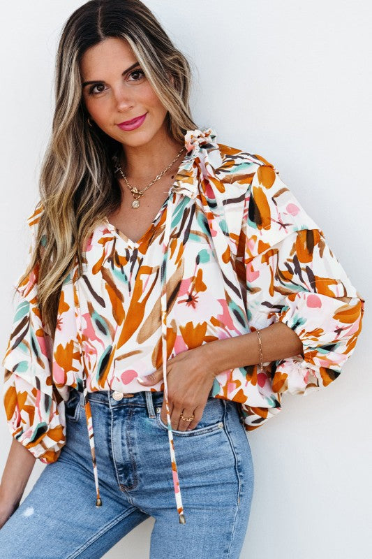 Aurelia Drawstring Frilled V Neck 3/4 Sleeve Blous