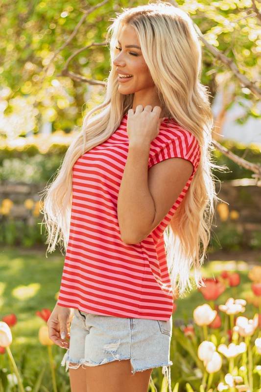 Sarahi Stripe Ribbed Cap Sleeve Round Neck Top