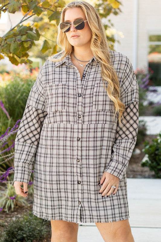 Plus Size Plaid Buttoned Raw Hem Tunic Shirt Dress