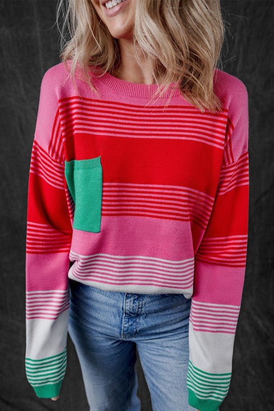 Striped Knit Patch Pocket Drop Shoulder Sweater