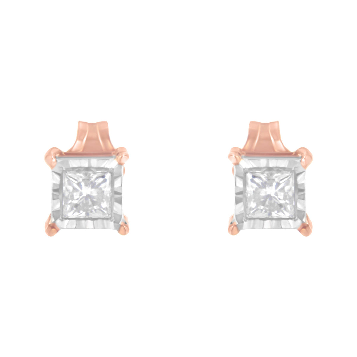 14K Rose Gold Plated Two-Tone .925 Sterling Silver 1/2 Cttw Princess-Cut Square Near Colorless Diamond Solitaire Miracle-Plate Stud Earrings (J-K Color, I2-I3 Clarity)