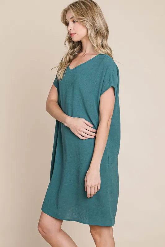 BOMBOM V-Neck Short Sleeve Dress with Pockets