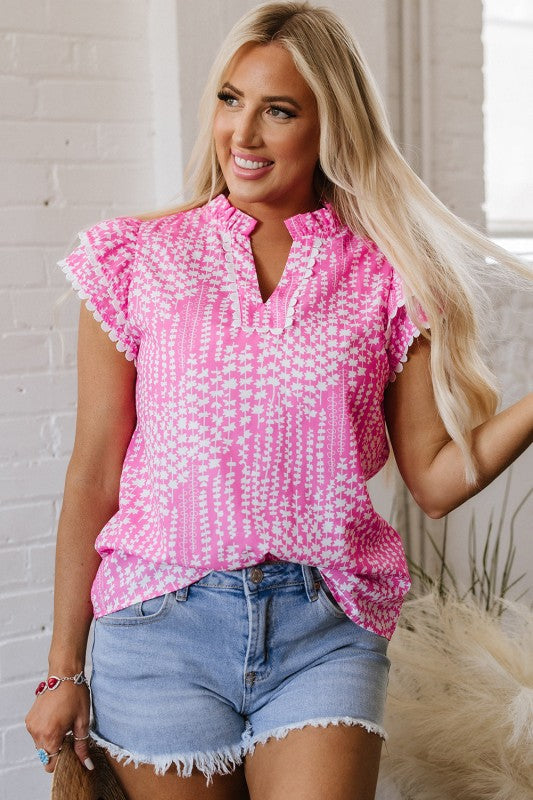 Cynthia Ric Rac Trim Flutter Sleeve Notch V Neck B