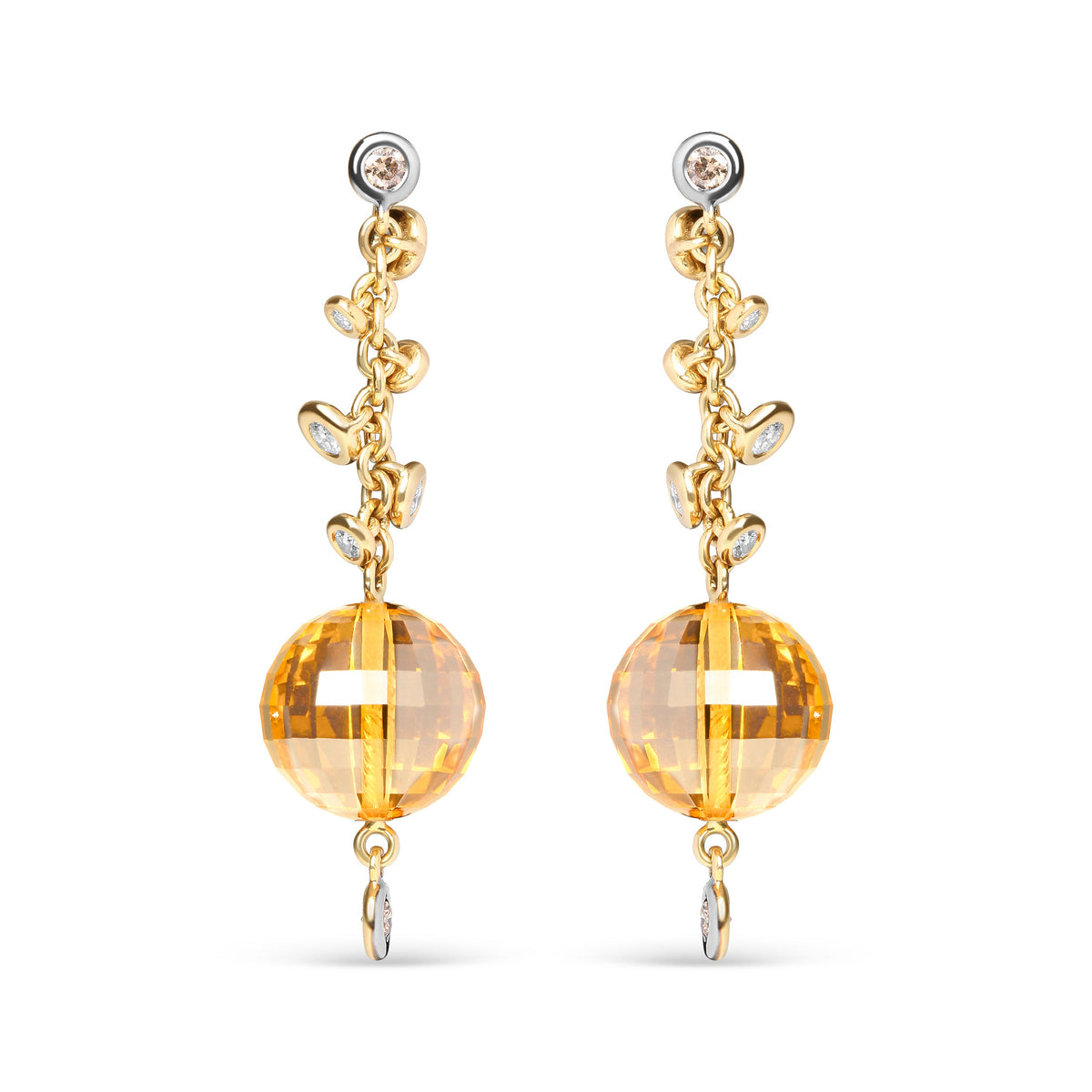18K Yellow Gold 2/3 Cttw Round Bezel Diamond and 25mm Ball Shaped Yellow Citrine Gemstone Dangle Stud Earring (Brown and G-H Color, SI1-SI2 Clarity)
