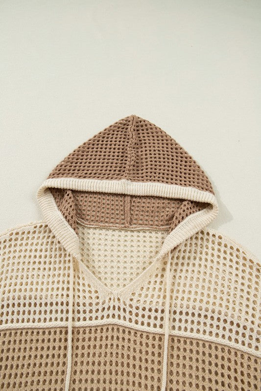Plus Size Colorblock Hollowed Knit Hooded Sweater