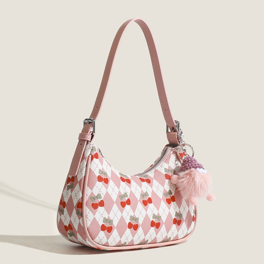 Small versatile underarm bag, cute cherry pattern shoulder bag, top handle bag, crescent bag  hobo