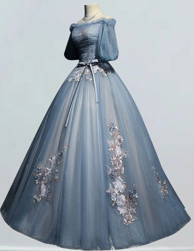 Airy blue a line off the shoulder lace applique bridal ball gown short sleeve evening prom party dress