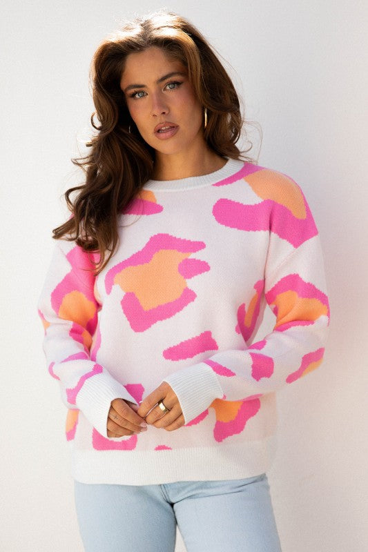 Leopard Round Neck Drop Shoulder Sweater