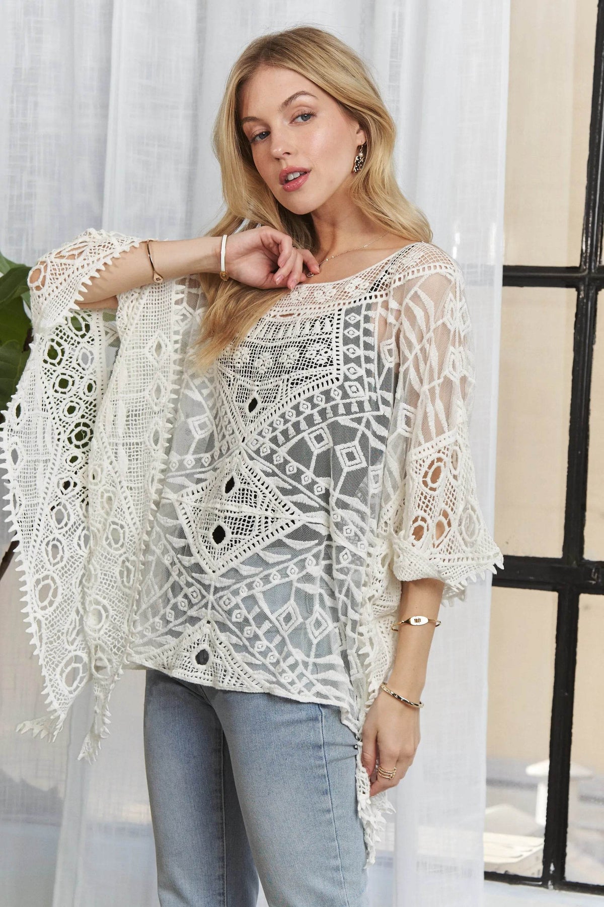 ADORA Boat Neck Crochet Lace Cover Up