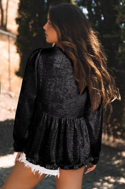 Metallic Frilled V Neck Puff Sleeve Babydoll Blous