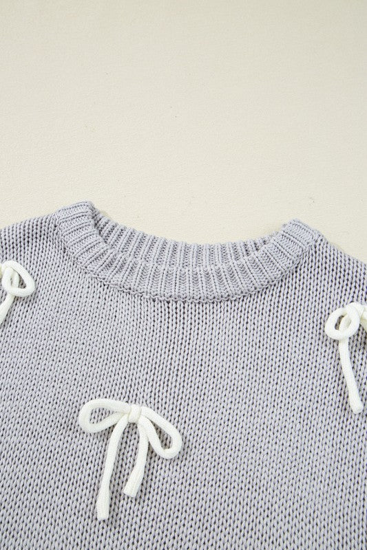 Solid Bow Applique Cap Sleeve Sweater