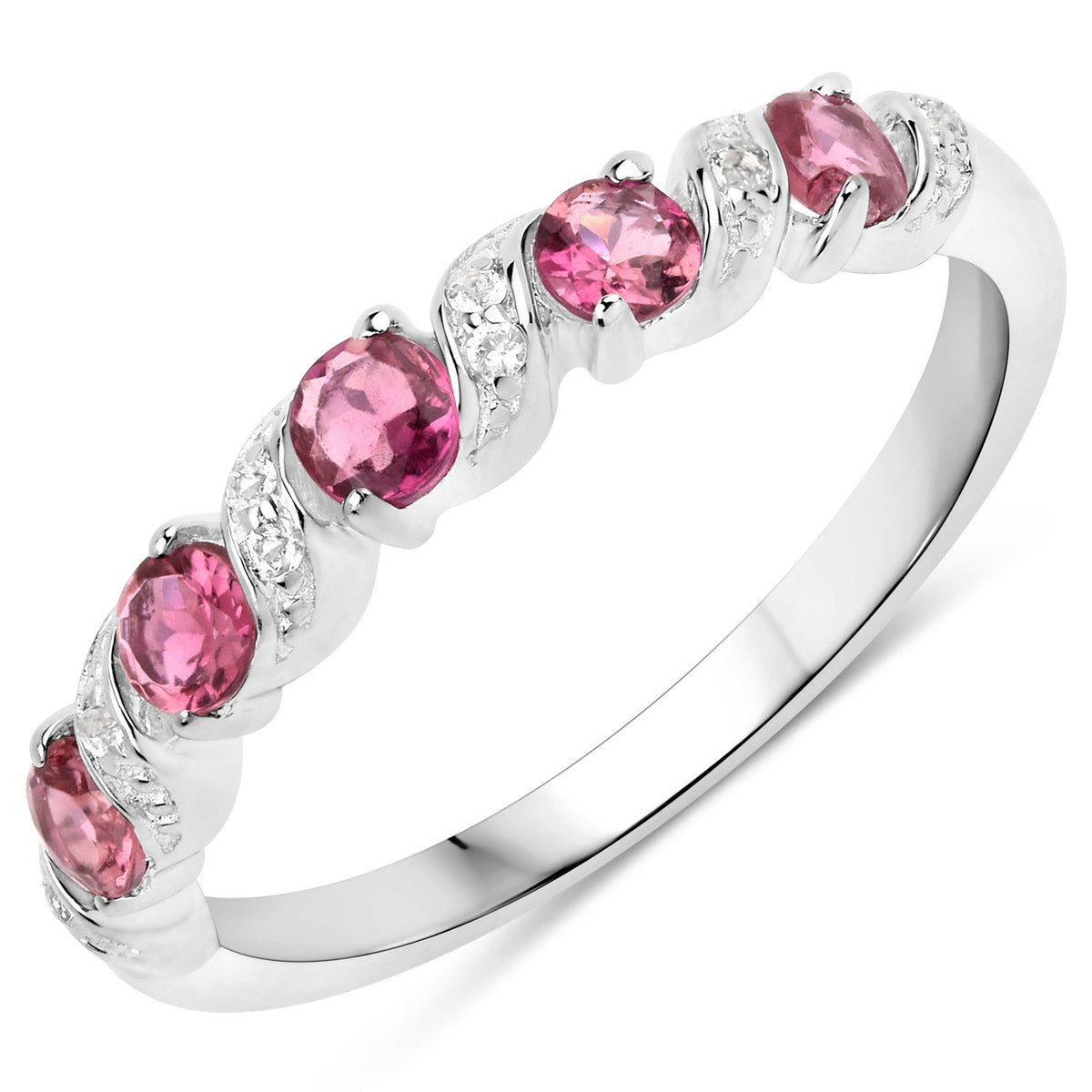 0.64 Carat Genuine Pink Tourmaline and White Topaz .925 Sterling Silver Ring