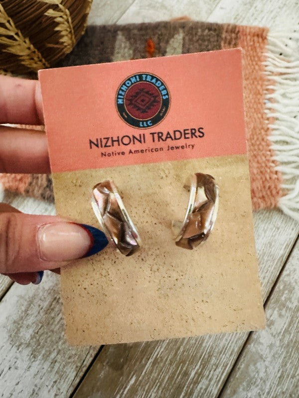 Navajo Mother of Pearl & Sterling Silver Hoop Earr