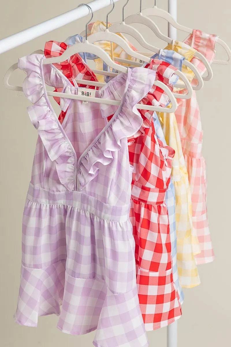BiBi Ruffled Neckline Sleeveless Check Plaid Peplum Top