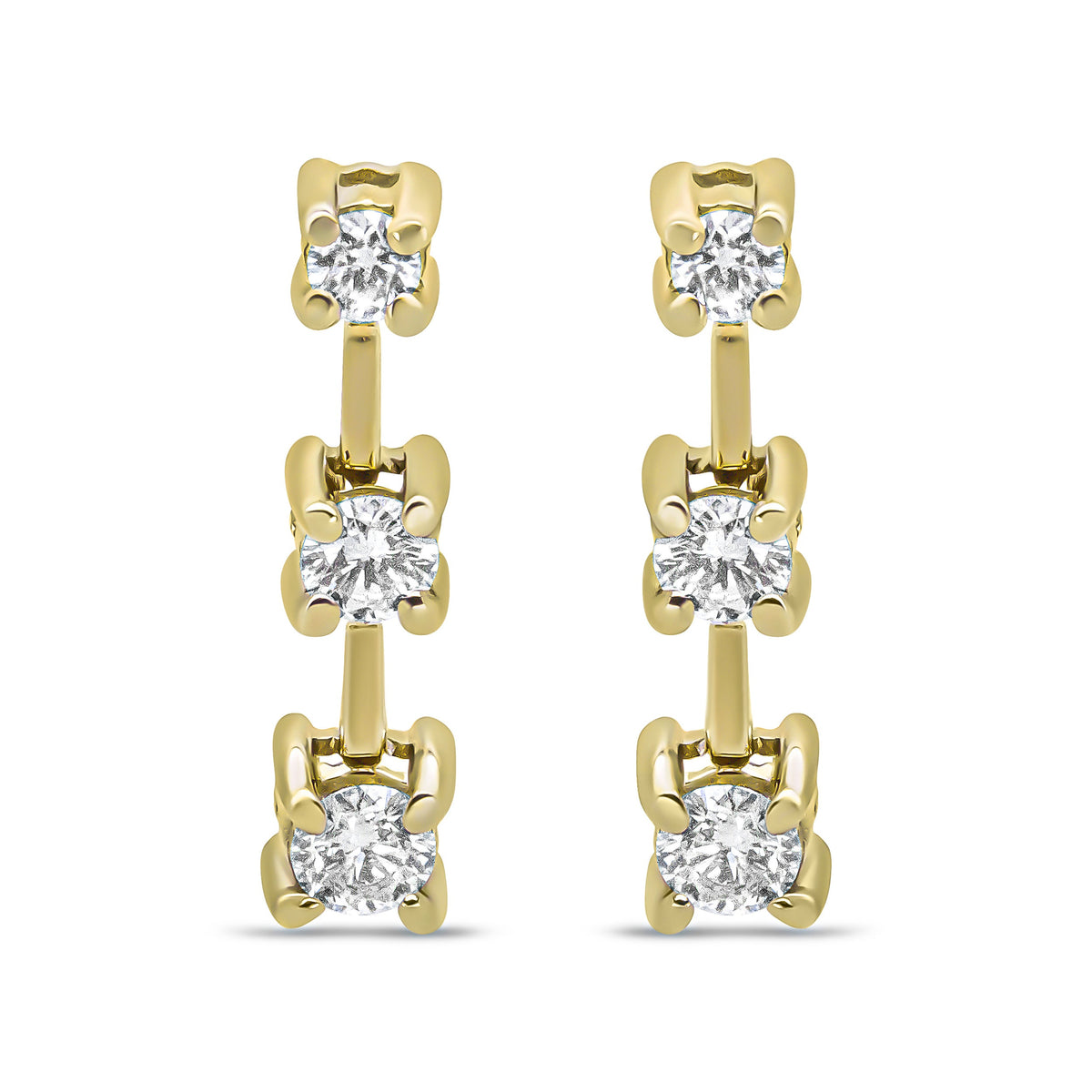 14K Yellow Gold 1/2 Cttw Round Diamond 3 Stone Graduated Linear Drop Past, Present and Future Stud Earrings (H-I Color, SI1-SI2 Clarity)