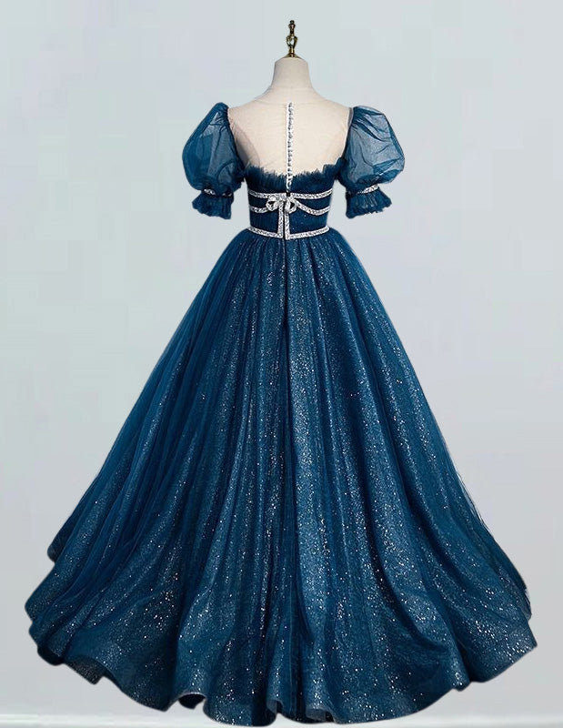 Indigo Blue Tulle Ball Gown Bridal Dress | Scoop Neck, Sparkle, Elegant Evening Wear