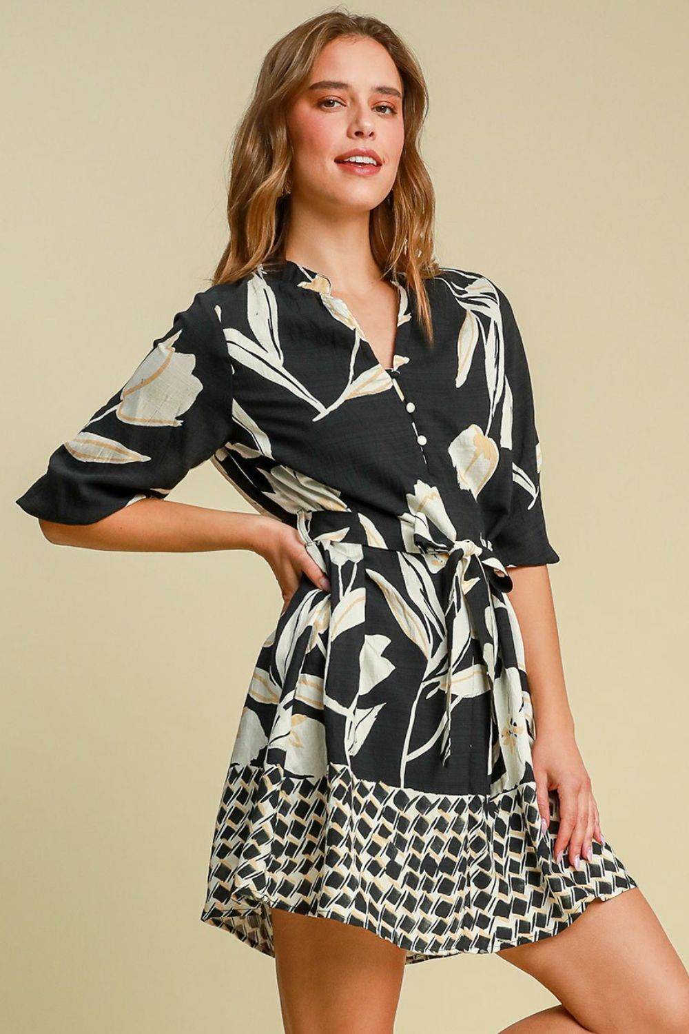 Umgee Full Size Floral Print Notched Tie Waist Mini Dress Plus Size