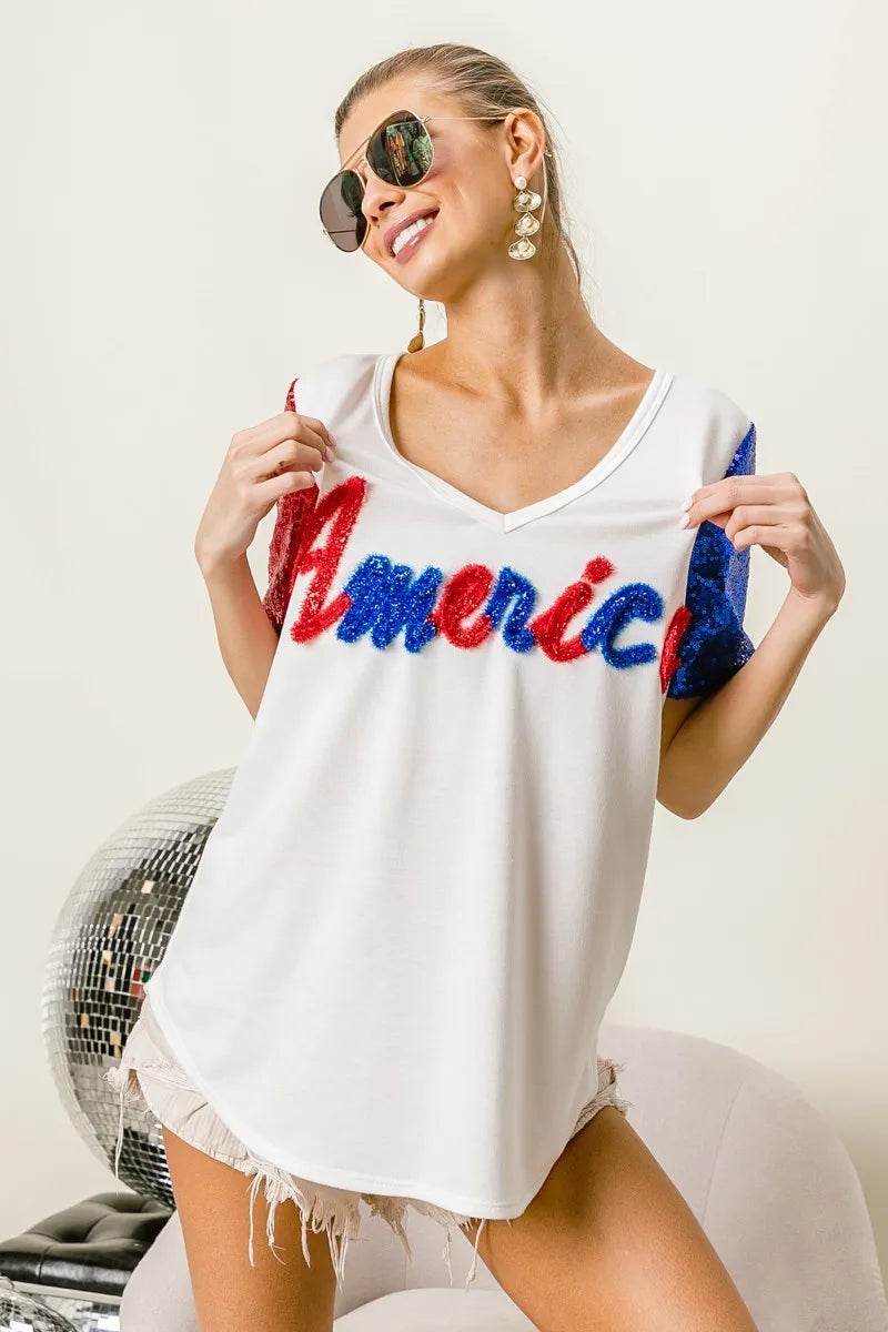 BiBi Metallic Letter V-neck Sequin Sleeves Top