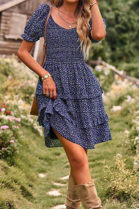 Floral Print Off Shoulder Flounce Sleeve Ruffle He