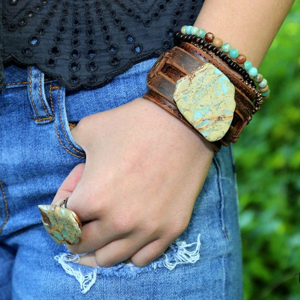 Aqua Terra Slab on Dusty Leather Cuff Bracelet