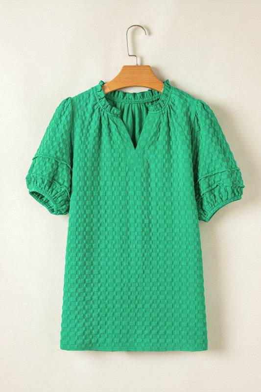 Kalani Textured Puff Short Sleeve Notched V Neck T