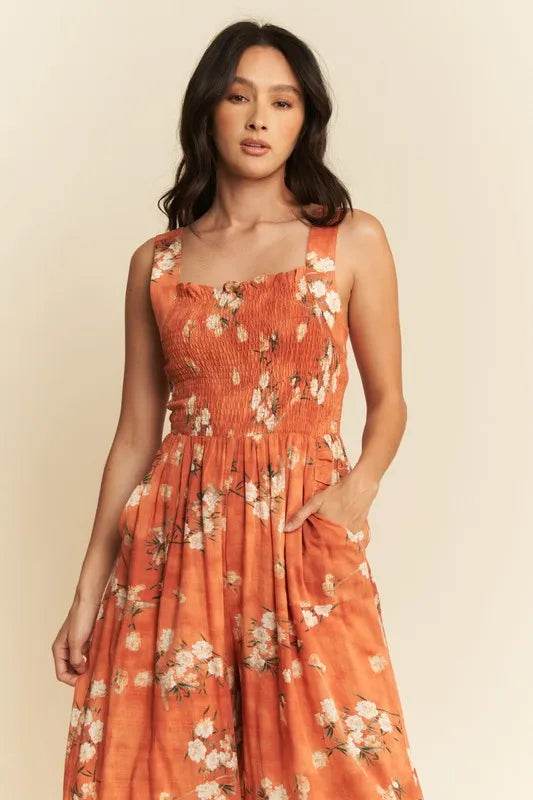 Davi & Dani Floral Ruffle Square Neck Smocking Bodice Jumpsuit