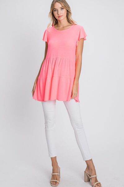 Heimish Full Size Tiered Round Neck Ruffle Sleeve Top Plus Size