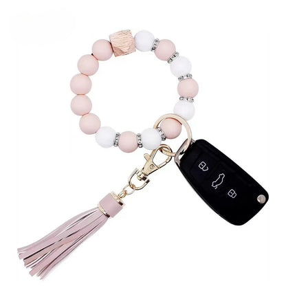 PU Tassel Keychain Women's Bag charm Silicone Beaded Keychain Wristlet Key Ring Bracelet Cute Car Key Chain Holder for Women Girls