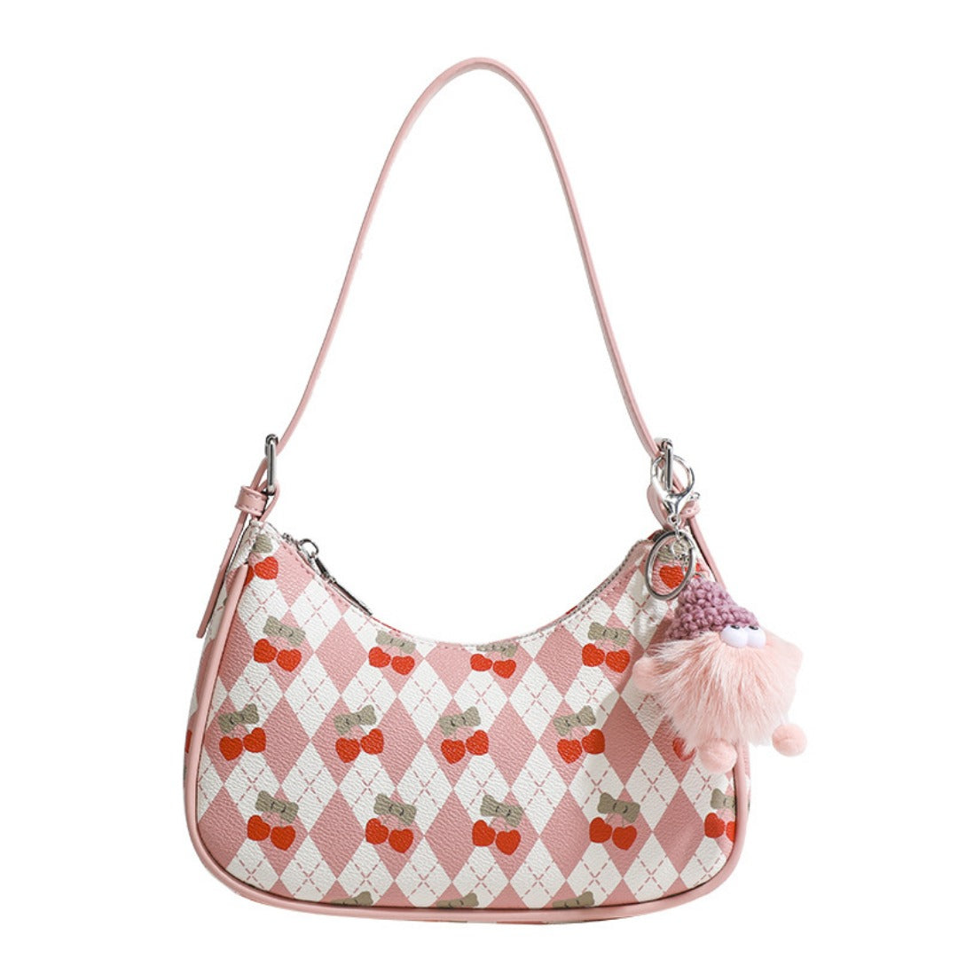 Small versatile underarm bag, cute cherry pattern shoulder bag, top handle bag, crescent bag  hobo