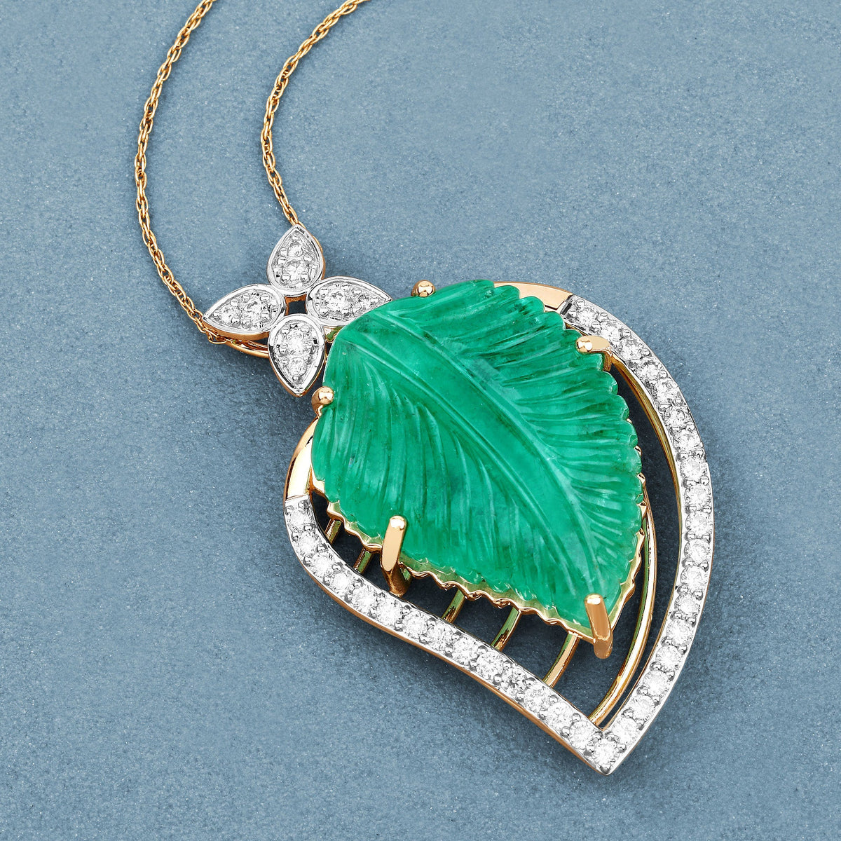 29.67 Carat Genuine Colombian Emerald and White Diamond 14K Yellow Gold Pendant