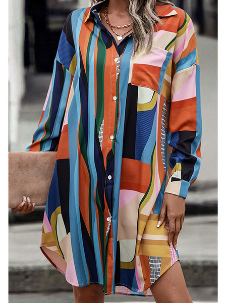 Long Sleeve Printed Lapel Shirt Dress