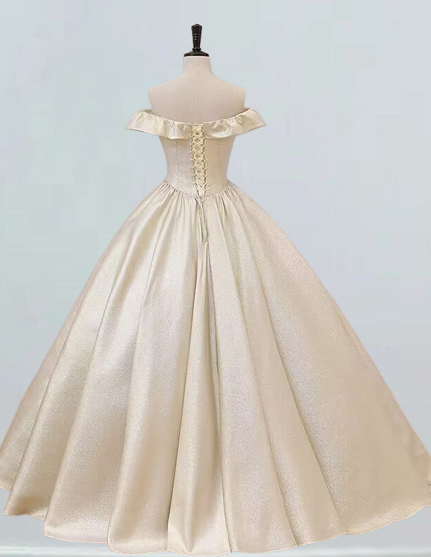 Champagne off the shoulder fairy long satin ball gown formal dress